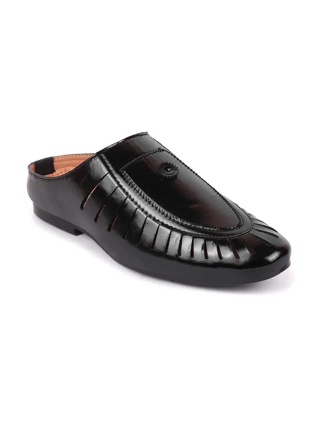 Basics Men Black Back Open Laser Cut Design Classic Ethnic Slip On Mules