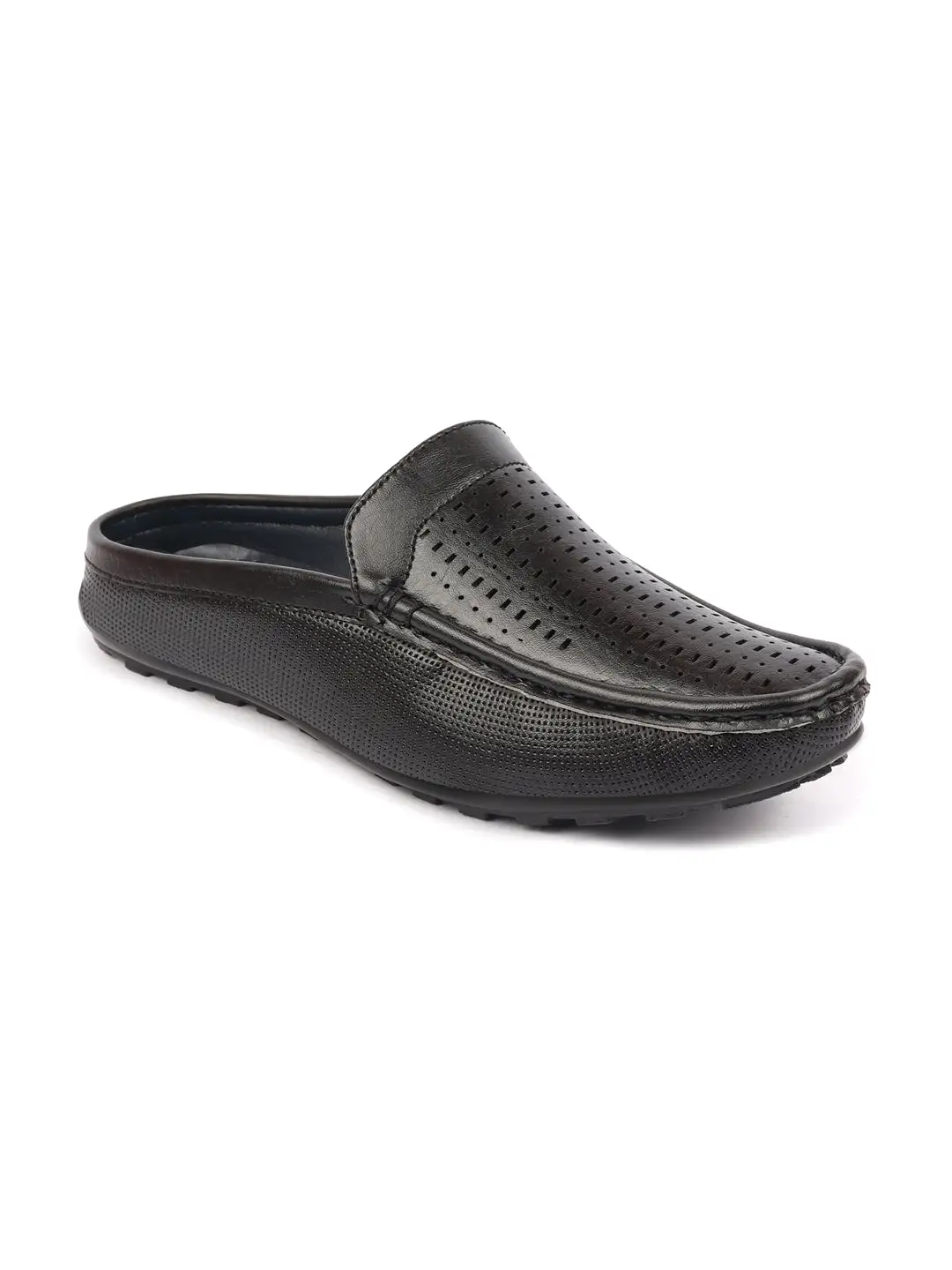 Basics Men Black Back Open Laser Cut Design Textured Ethnic Casual Wedding Slip On Mules