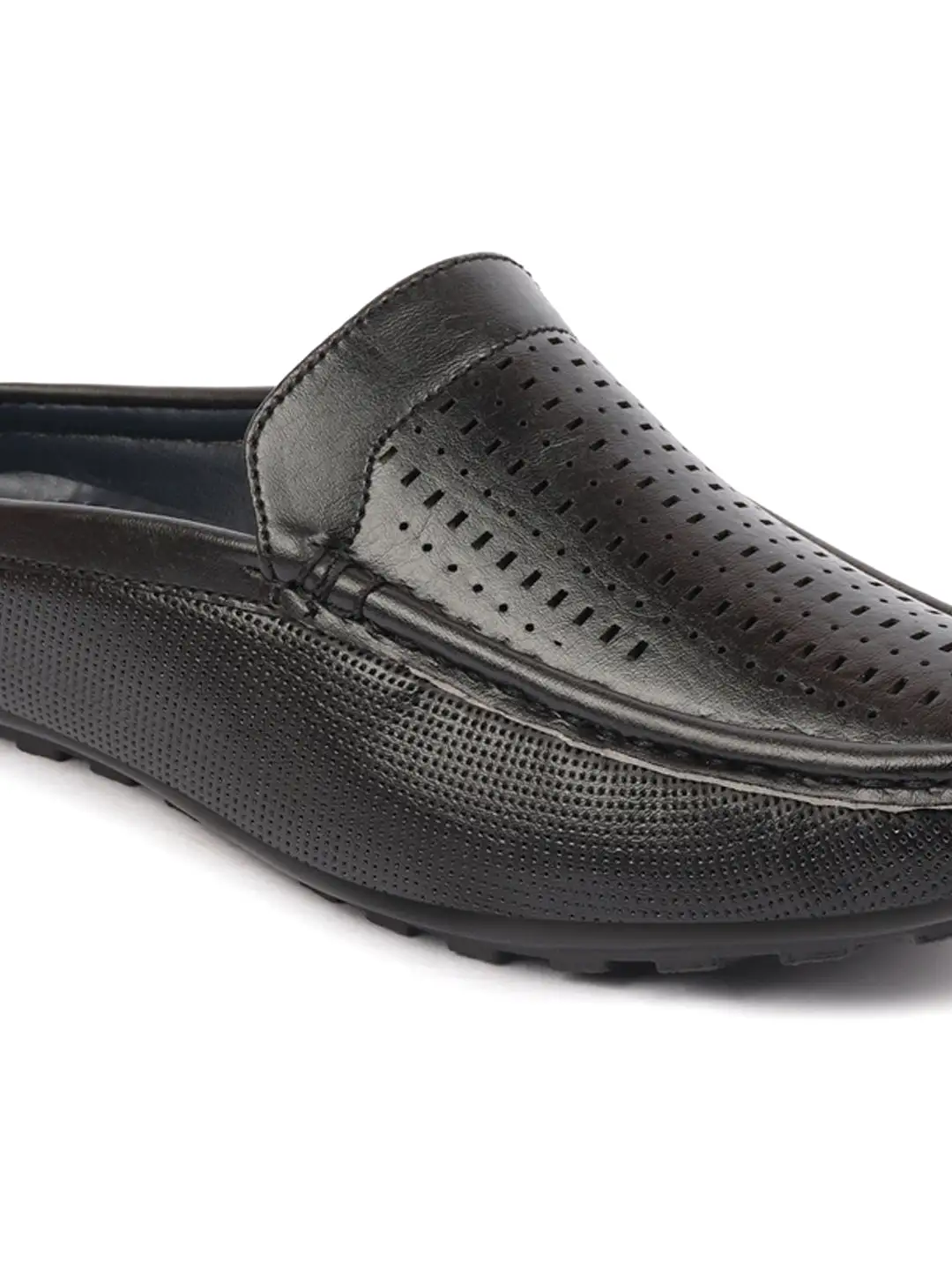 Basics Men Black Back Open Laser Cut Design Textured Ethnic Casual Wedding Slip On Mules