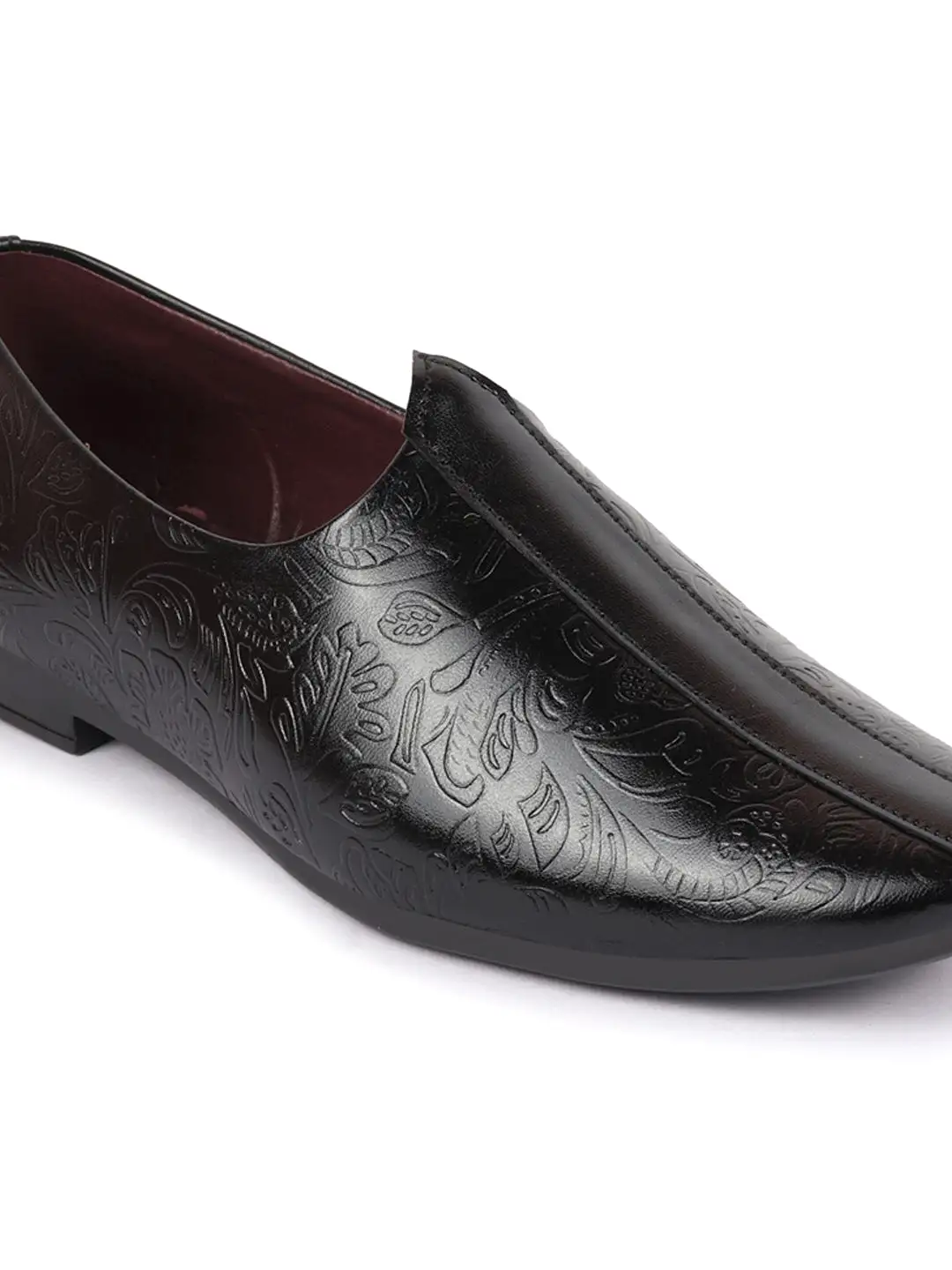 Basics Men Black Textured Floral Prints Slip On Ethnic Juttis and Mojaris