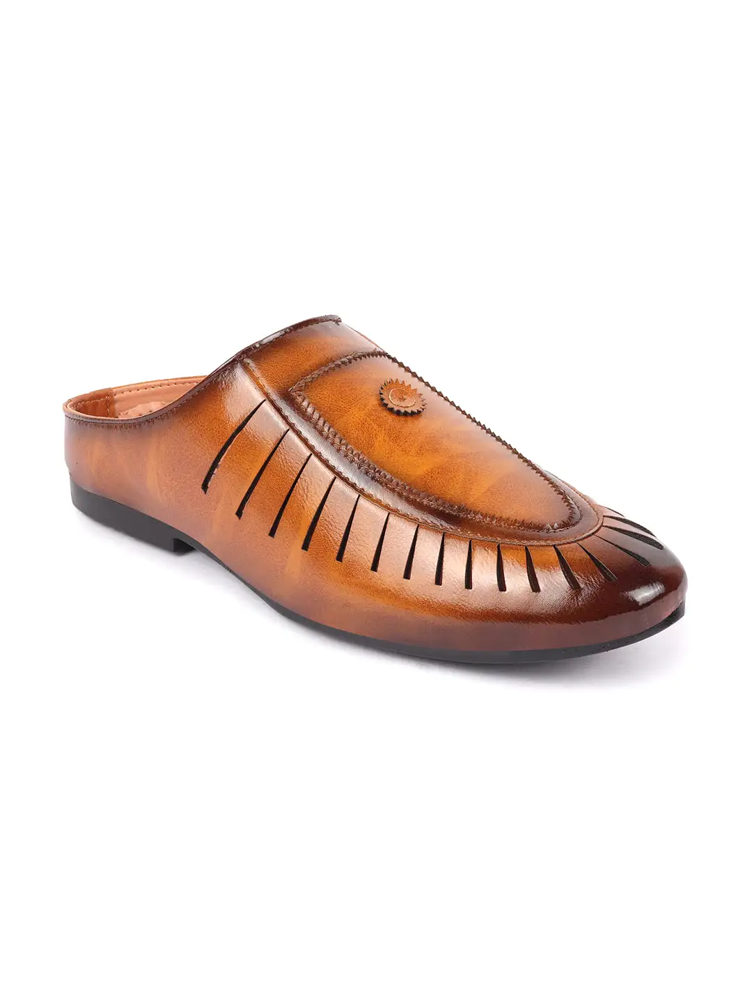 Basics Men Tan Back Open Laser Cut Design Classic Ethnic Slip On Mules