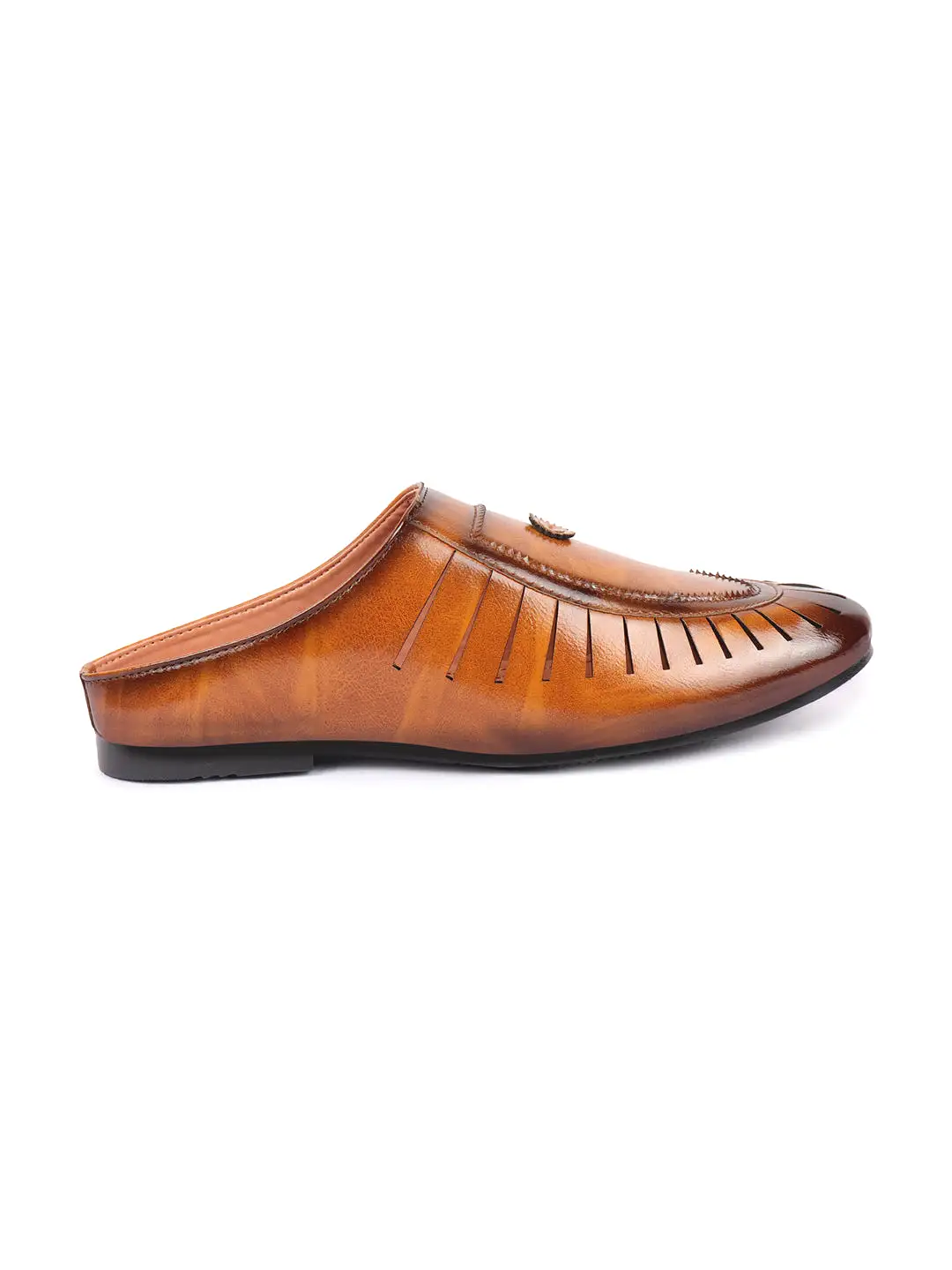 Basics Men Tan Back Open Laser Cut Design Classic Ethnic Slip On Mules