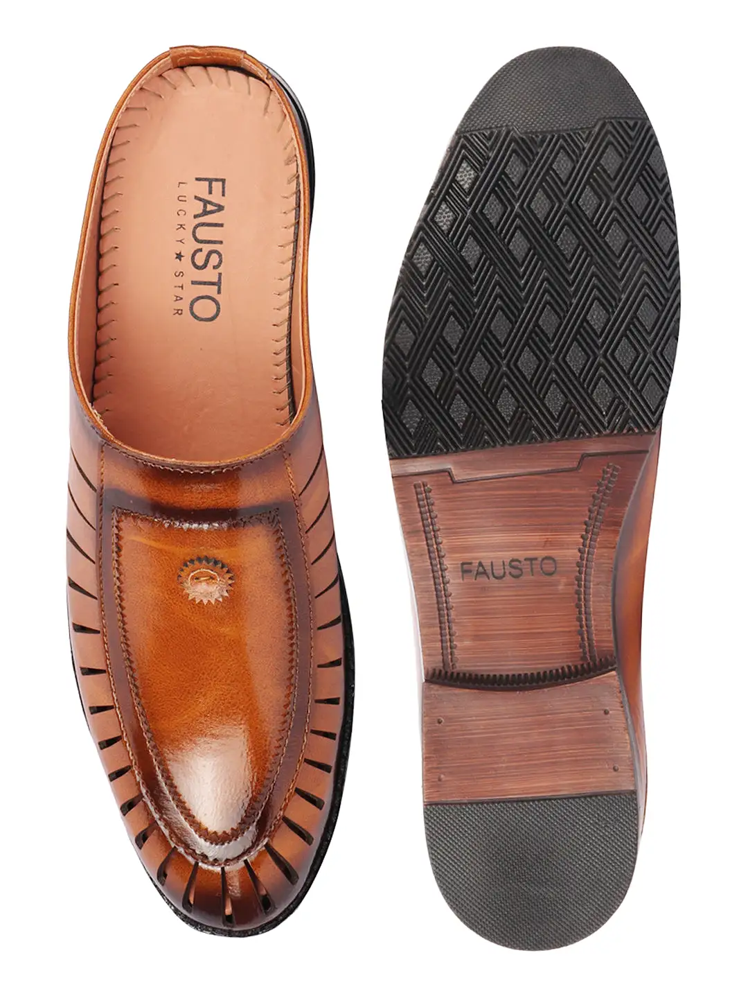 Basics Men Tan Back Open Laser Cut Design Classic Ethnic Slip On Mules