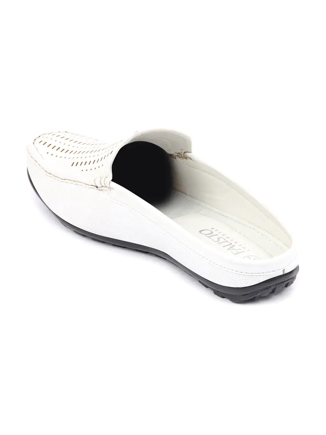 Basics Men White Back Open Laser Cut Design Textured Ethnic Casual Wedding Slip On Mules