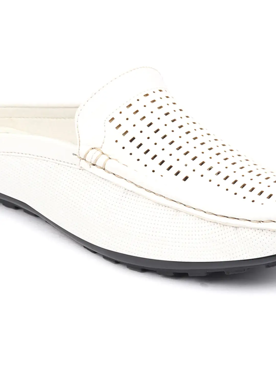 Basics Men White Back Open Laser Cut Design Textured Ethnic Casual Wedding Slip On Mules