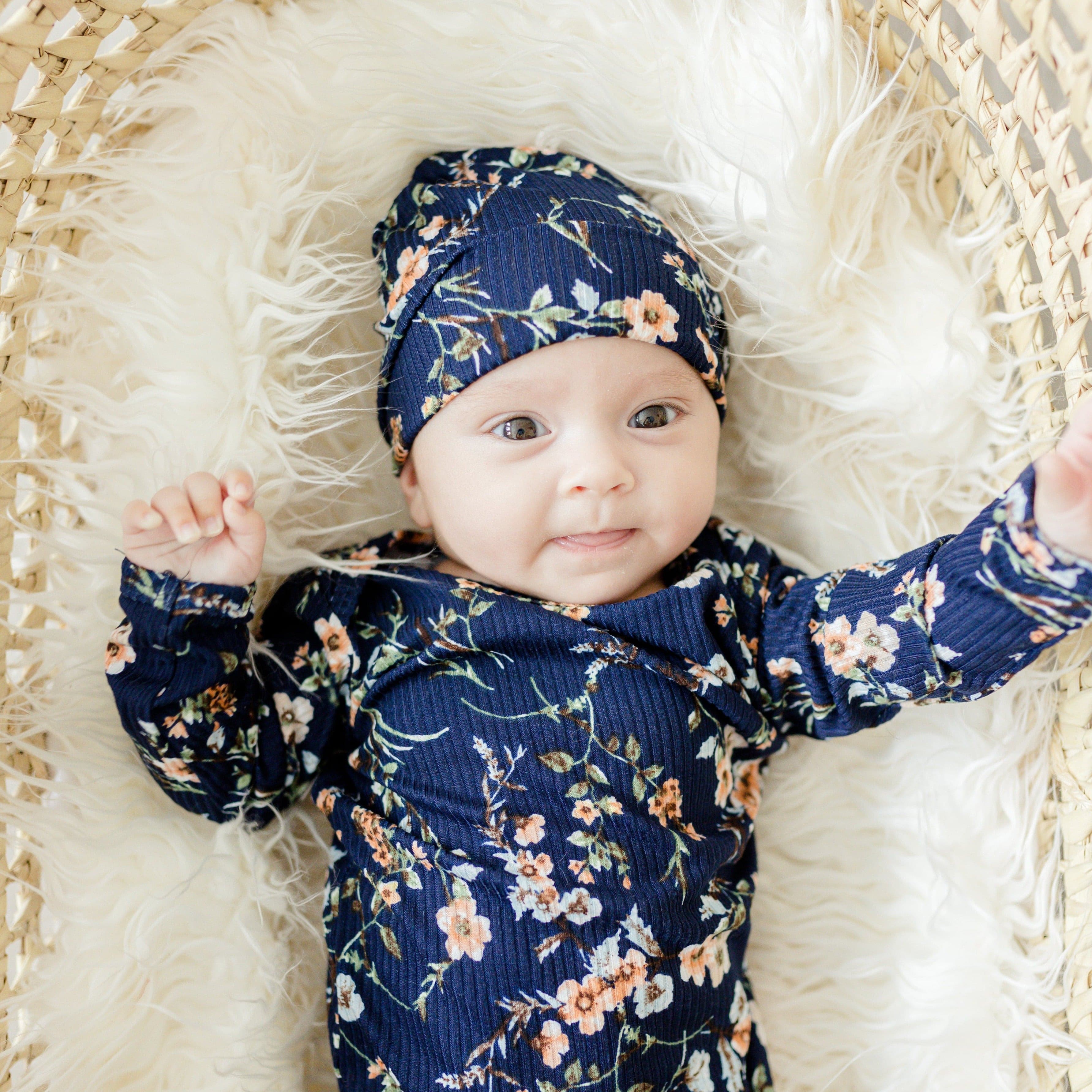 BEANIE- Navy Floral Rib