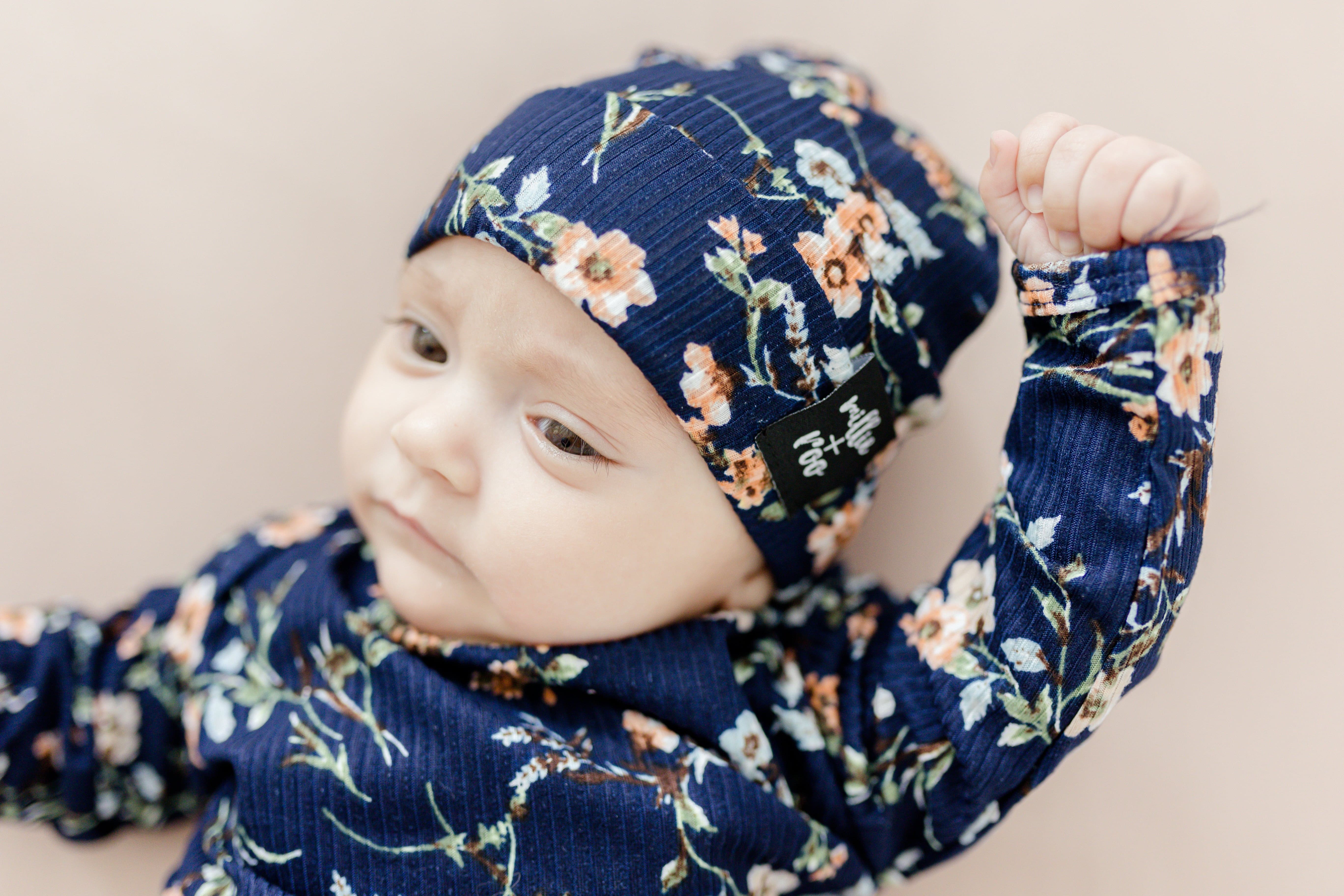 BEANIE- Navy Floral Rib