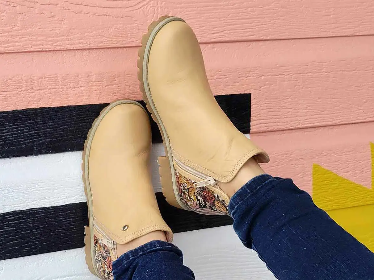 Beige With Print Leather-Ankle Boot