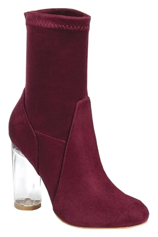 Burgundy Faux Suede Clear Heel Bootie