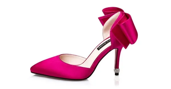 Fushia Pink Satin Back Giant Bow Diamonte Bridal Point Head High Stiletto Heels Shoes