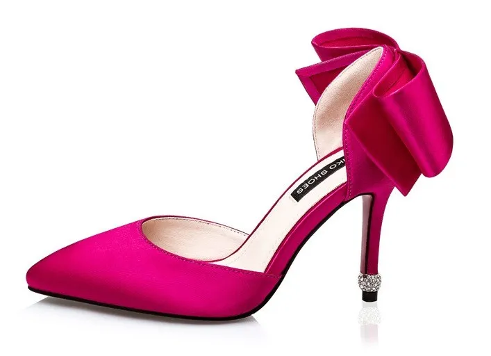 Fushia Pink Satin Back Giant Bow Diamonte Bridal Point Head High Stiletto Heels Shoes