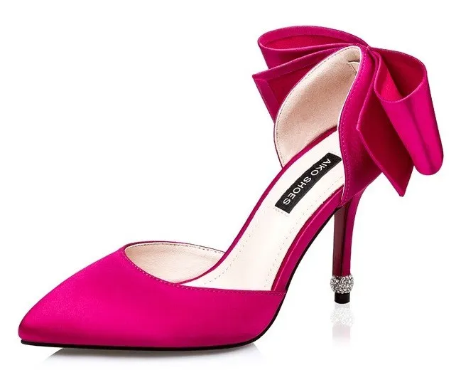 Fushia Pink Satin Back Giant Bow Diamonte Bridal Point Head High Stiletto Heels Shoes