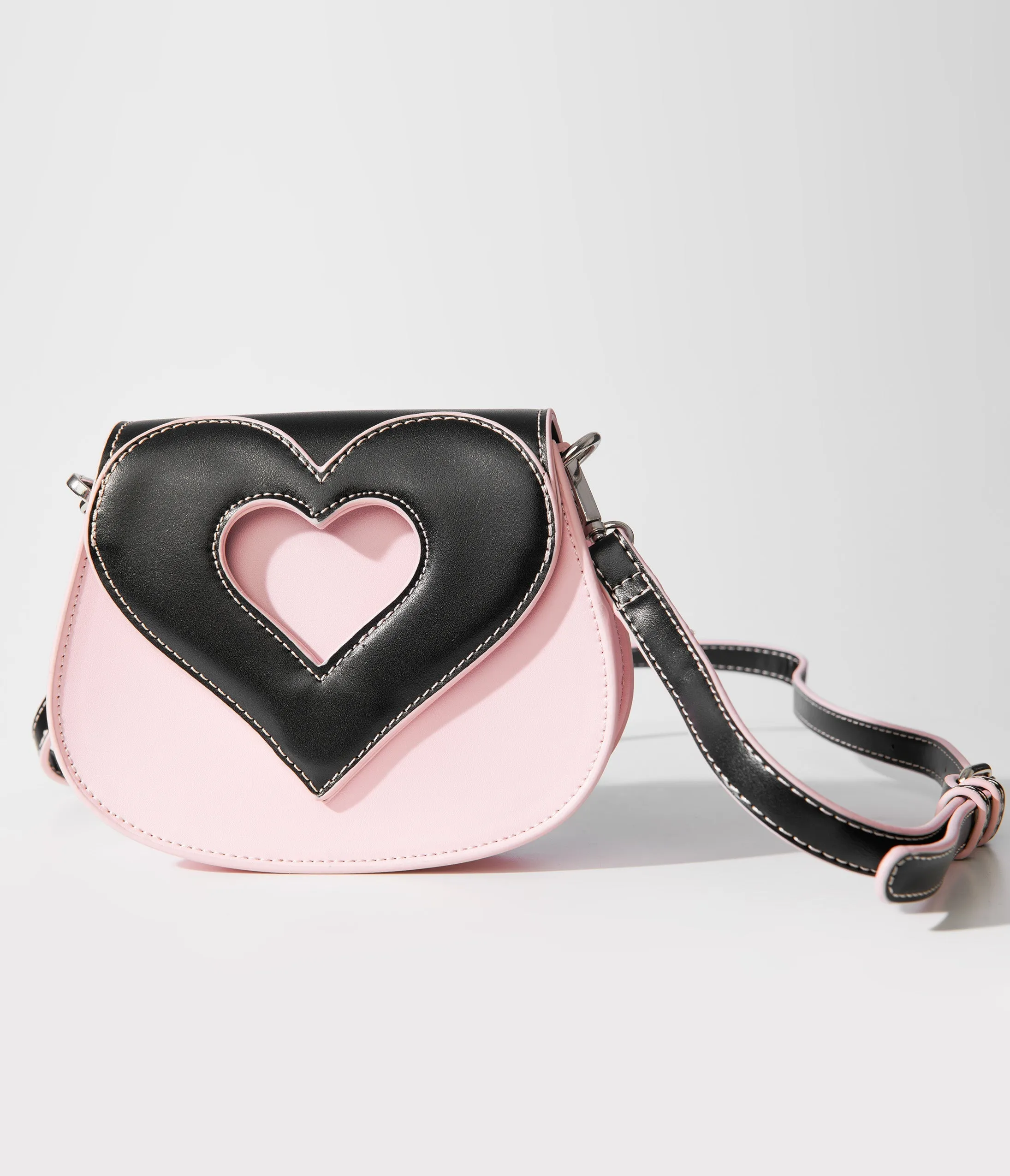 Light Pink & Black Heart Shaped Leatherette Crossbody Bag