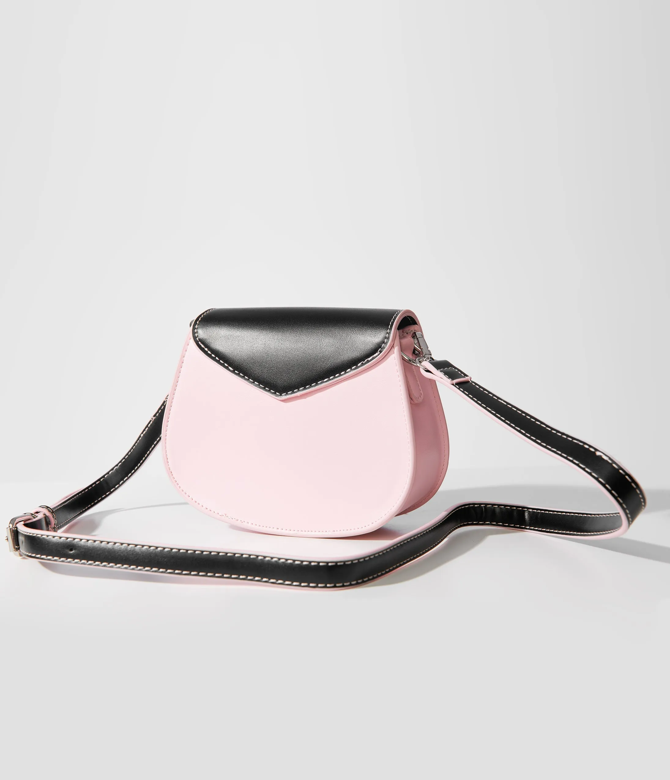 Light Pink & Black Heart Shaped Leatherette Crossbody Bag