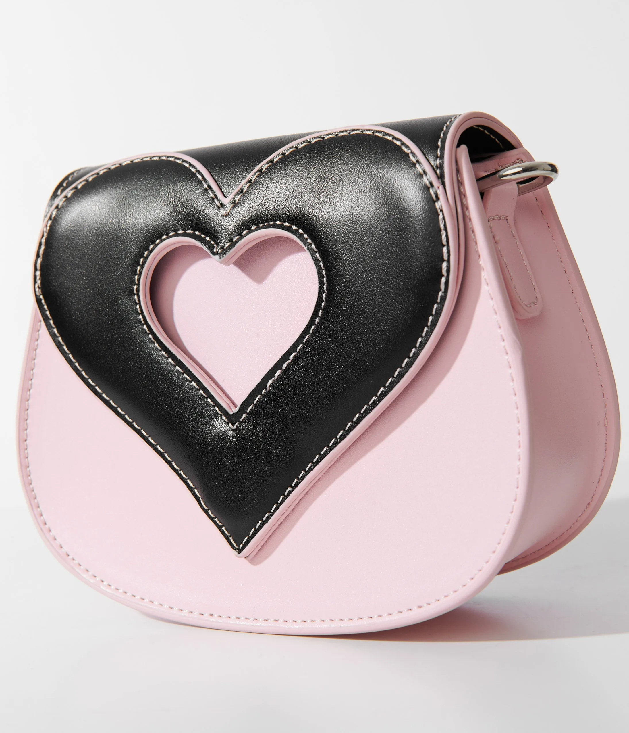 Light Pink & Black Heart Shaped Leatherette Crossbody Bag