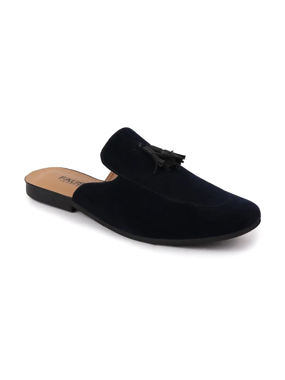 Men Blue Back Open Tassel Party Slip On Mules