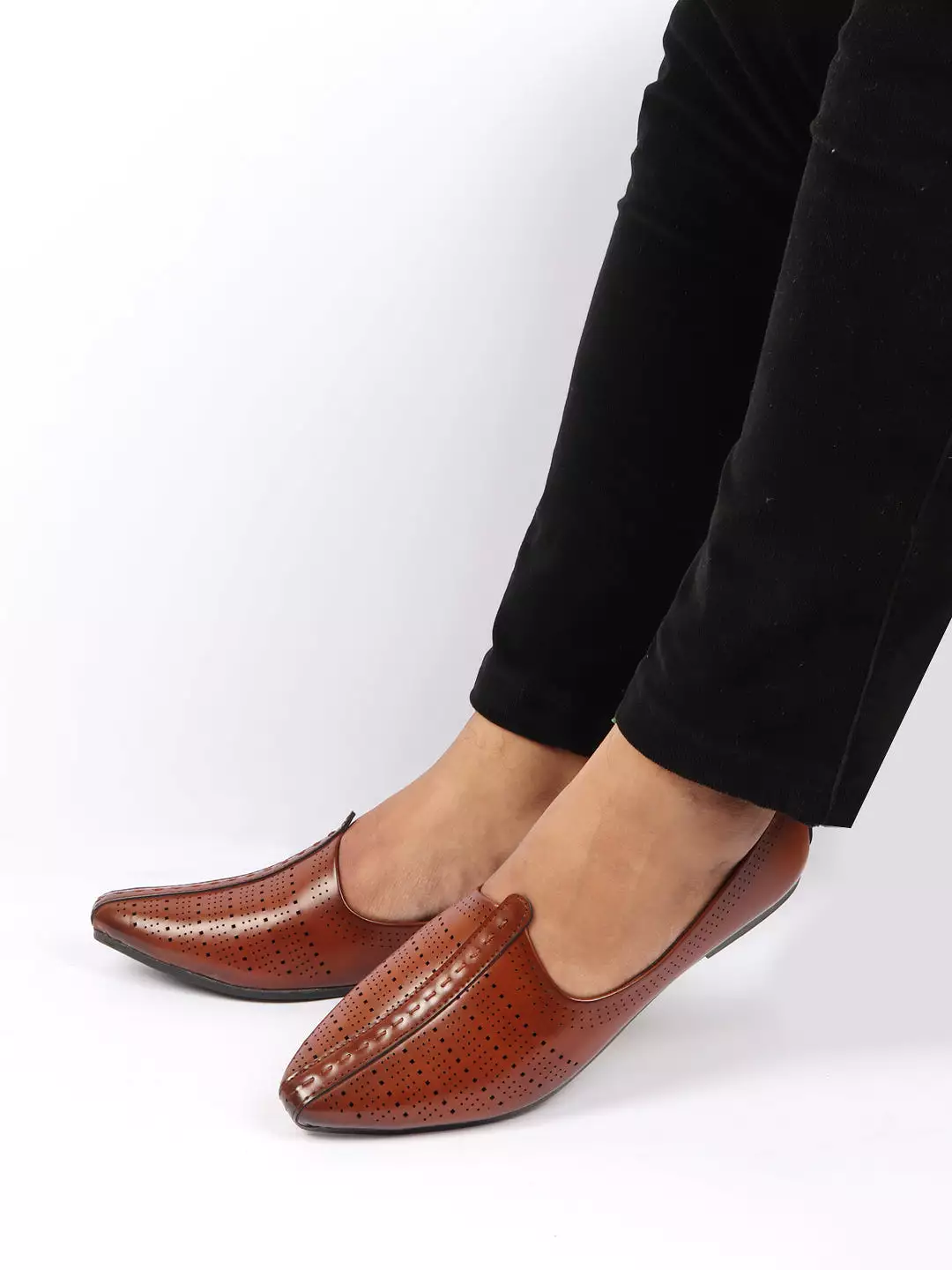 Men Brown Laser Cut Design Broad Feet Ethnic Slip On Wedding Juttis and Mojaris