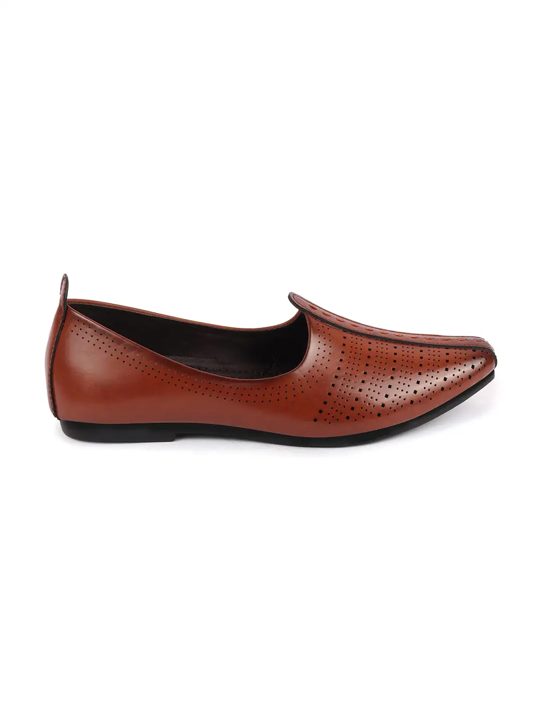 Men Brown Laser Cut Design Broad Feet Ethnic Slip On Wedding Juttis and Mojaris