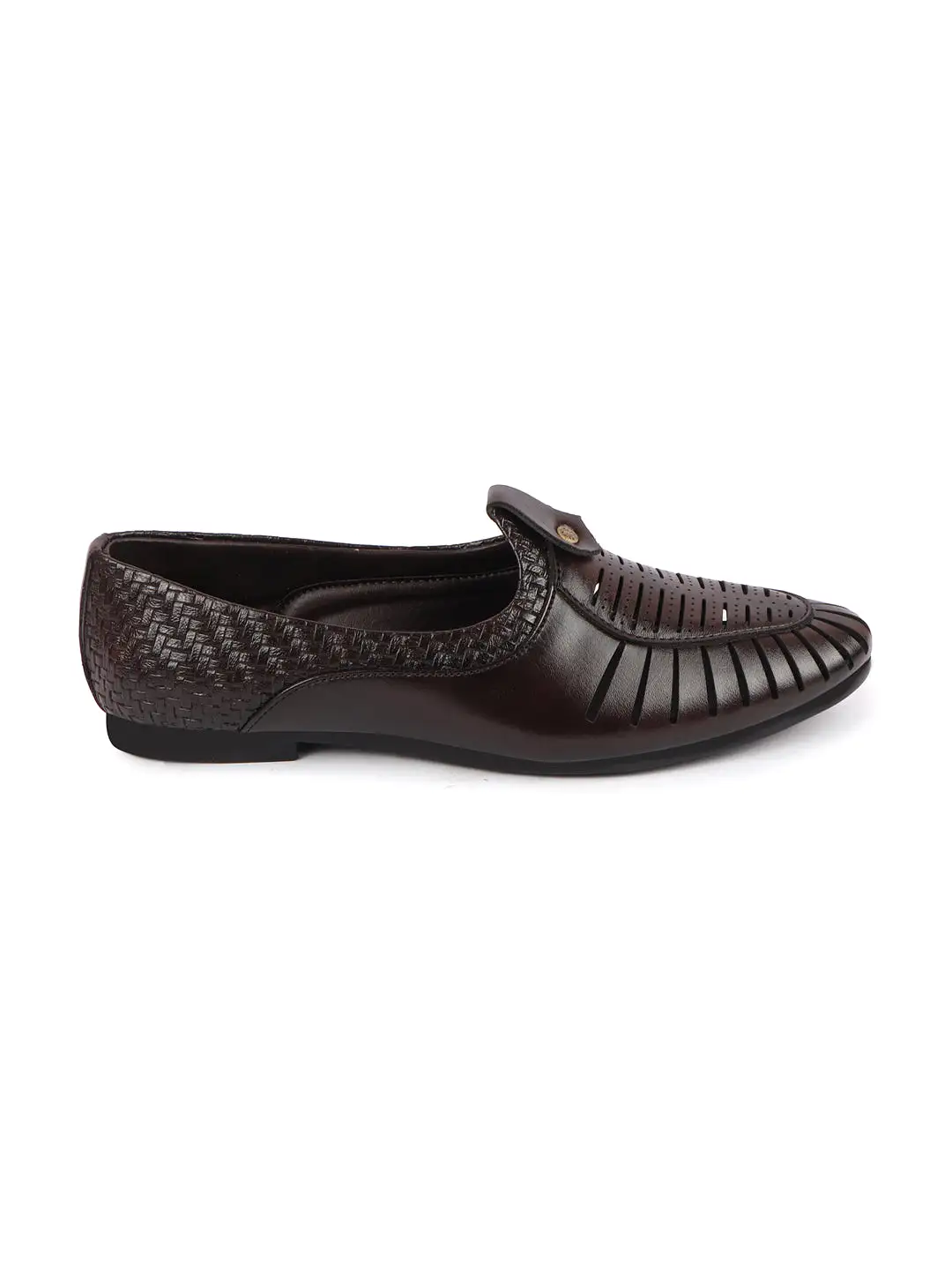 Men Brown Laser Cut Knitted Design Ethnic Wedding Slip On Juttis and Mojaris