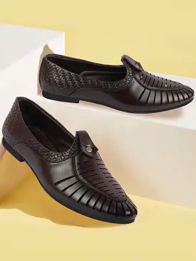 Men Brown Laser Cut Knitted Design Ethnic Wedding Slip On Juttis and Mojaris