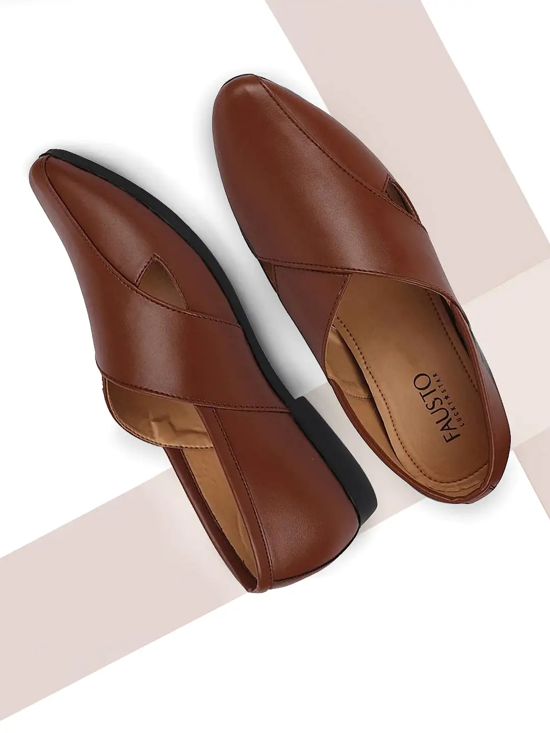 Men Ethnic Tan Criss Cross Slip On Juttis and Mojaris