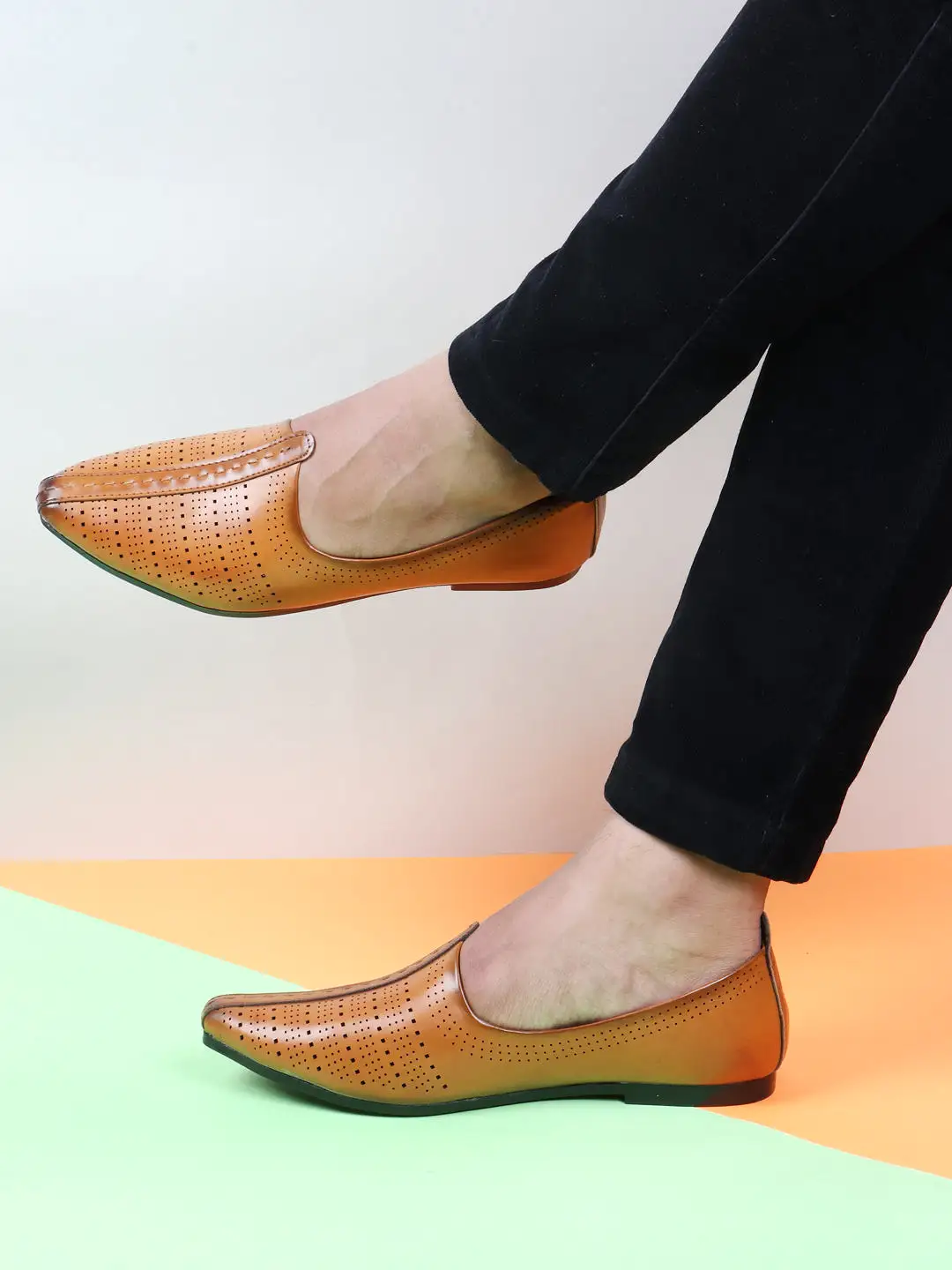 Men Tan Laser Cut Design Broad Feet Ethnic Slip On Wedding Juttis and Mojaris