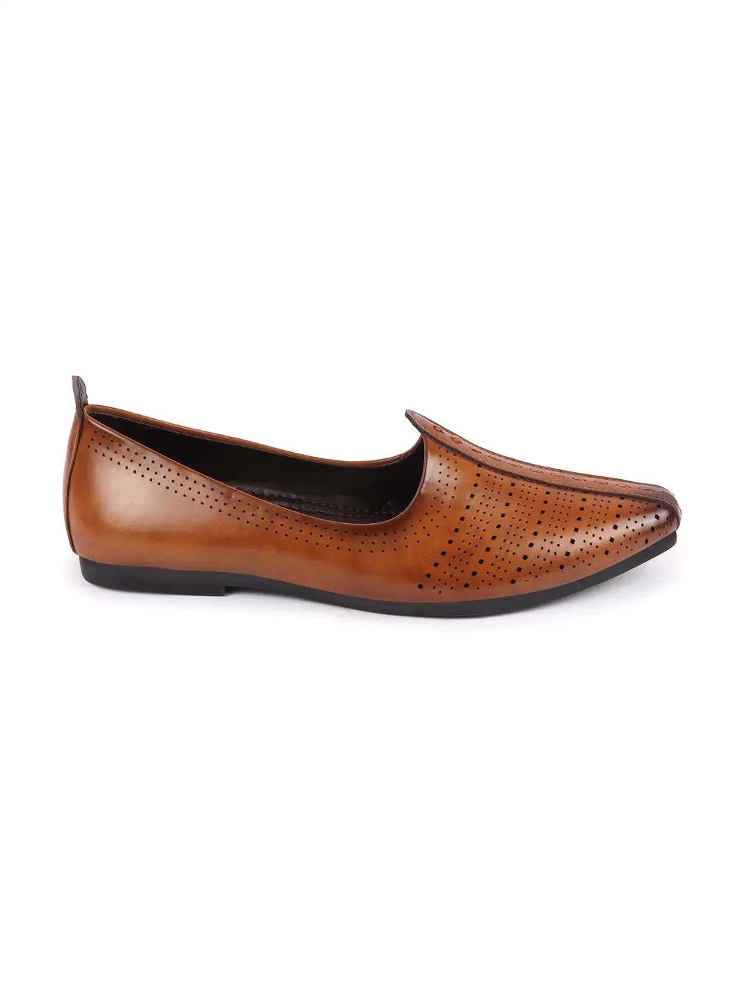 Men Tan Laser Cut Design Broad Feet Ethnic Slip On Wedding Juttis and Mojaris