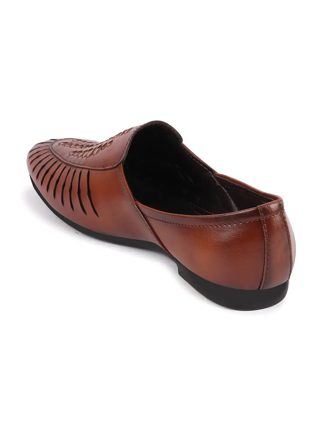 Men Tan Laser Cut Design Ethnic Slip On Party Juttis and Mojaris