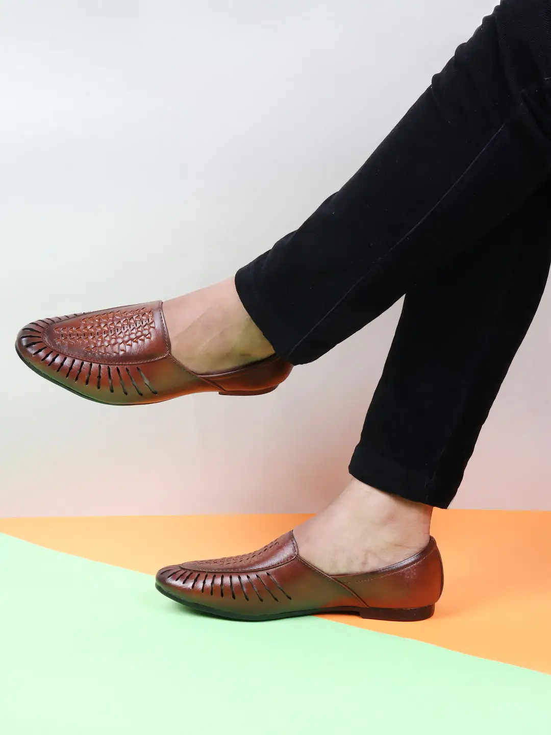 Men Tan Laser Cut Design Ethnic Slip On Party Juttis and Mojaris