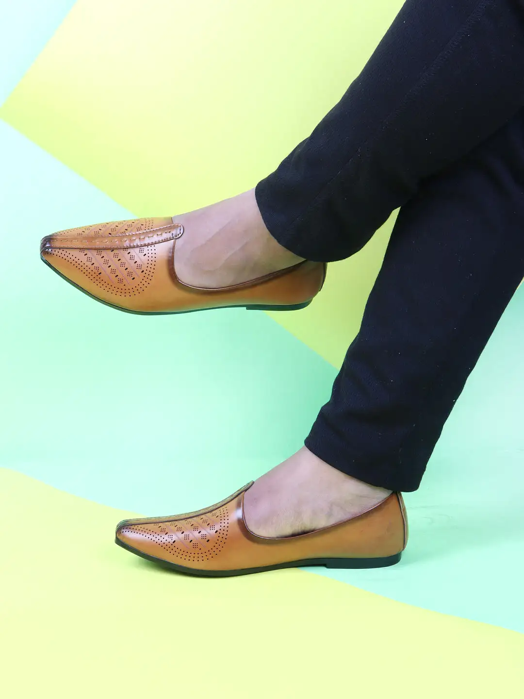 Men Tan Laser Cut Design Ethnic Slip On Wedding Juttis and Mojaris