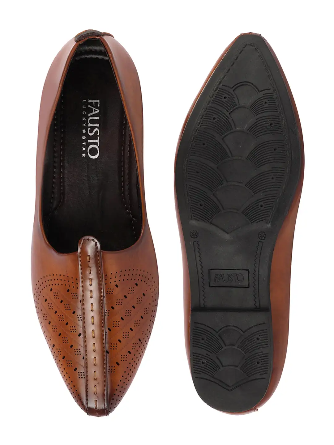 Men Tan Laser Cut Design Ethnic Slip On Wedding Juttis and Mojaris