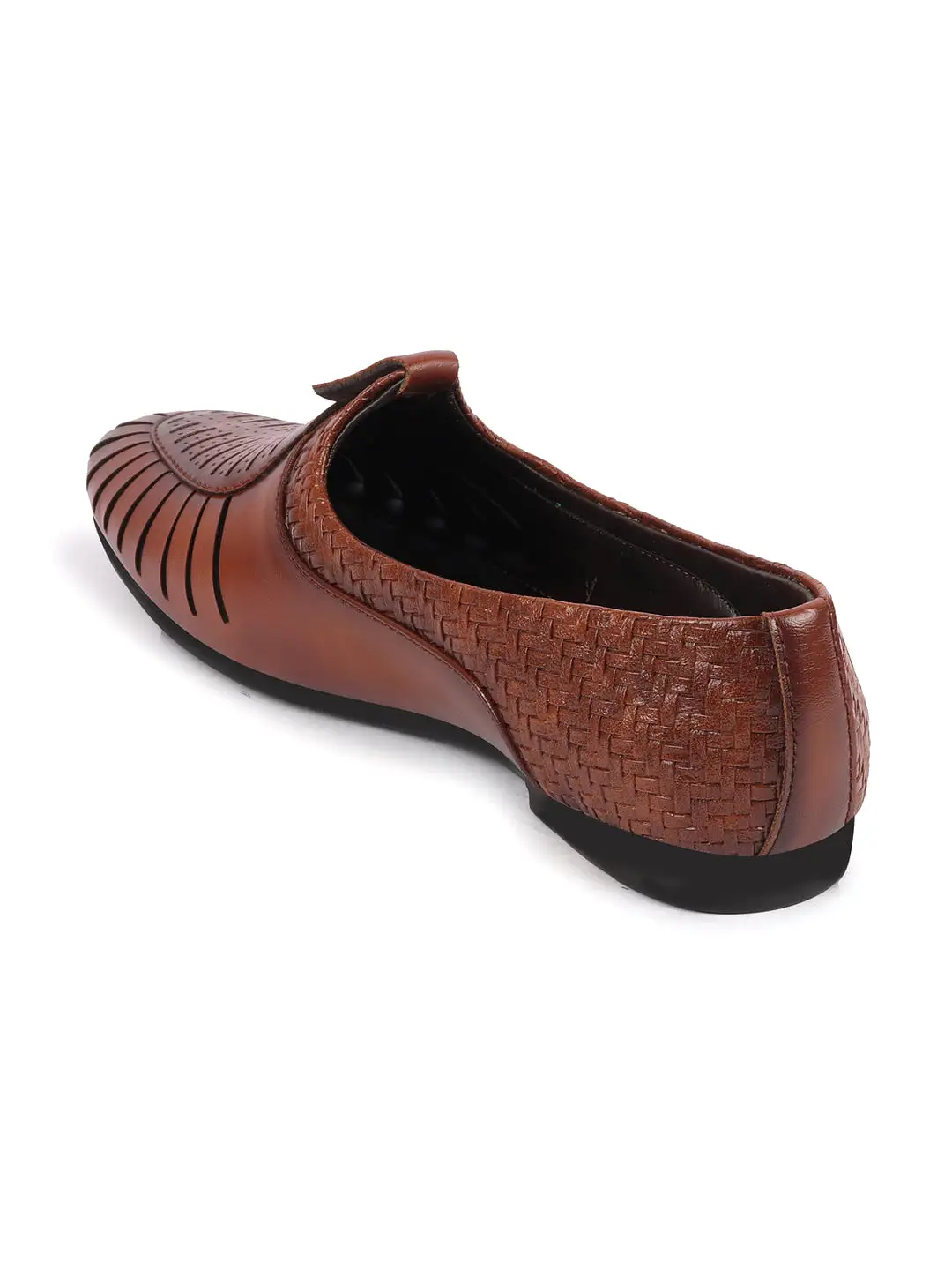 Men Tan Laser Cut Knitted Design Ethnic Wedding Slip On Juttis and Mojaris