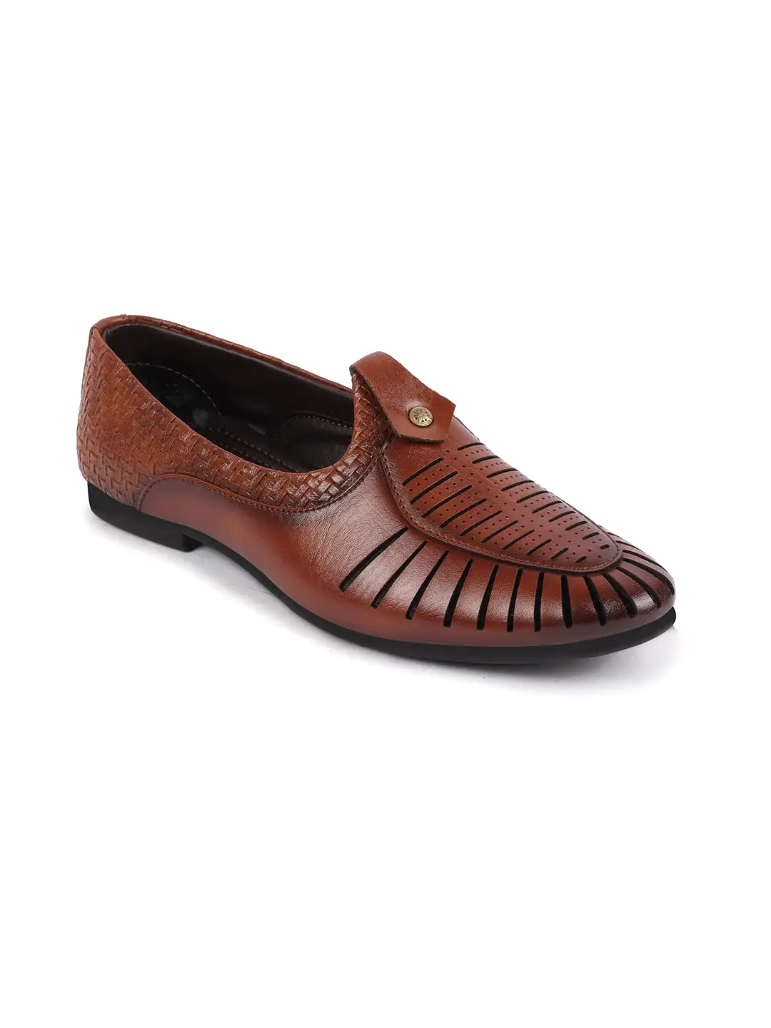 Men Tan Laser Cut Knitted Design Ethnic Wedding Slip On Juttis and Mojaris