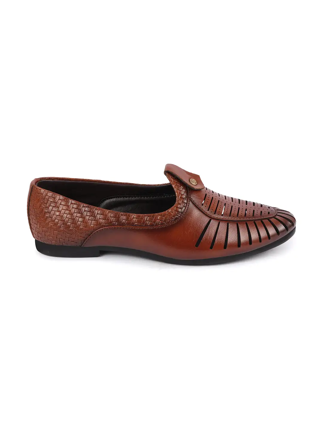 Men Tan Laser Cut Knitted Design Ethnic Wedding Slip On Juttis and Mojaris