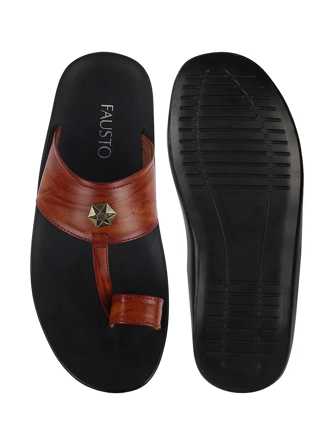 Men Tan Slip On Indoor Toe Ring Slippers