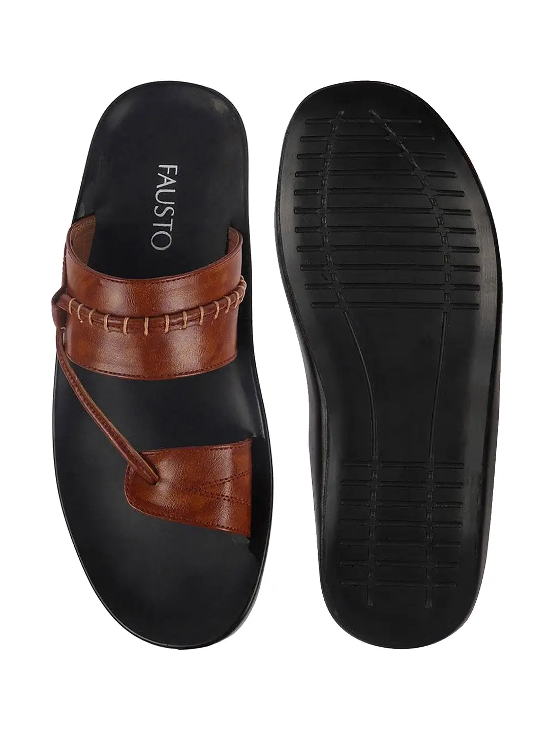 Men Tan Slip On Stylish Toe Ring Slippers