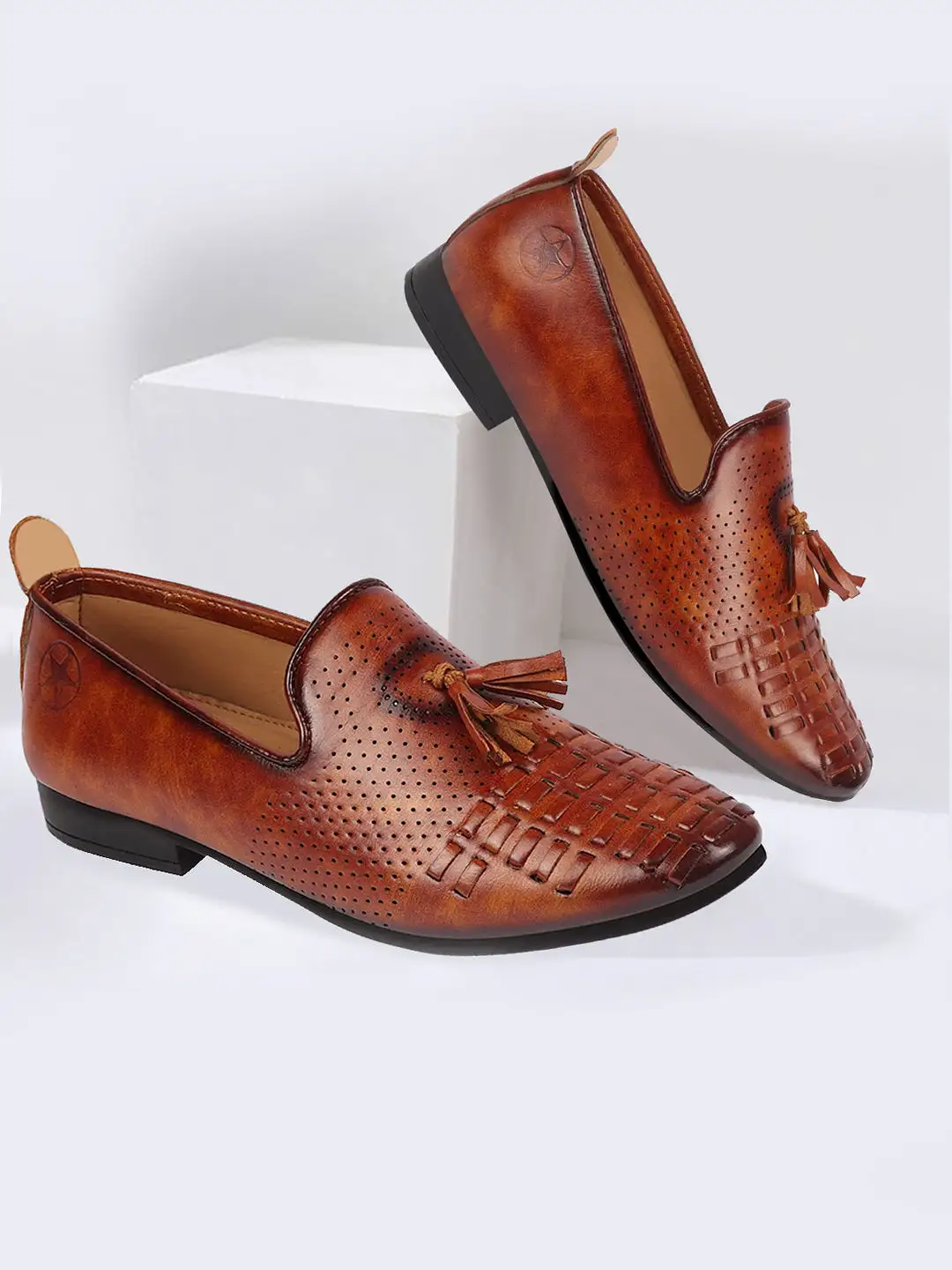 Men Tan Tassel Knitted Design Broad Feet Slip On Ethnic Wedding Juttis and Mojaris