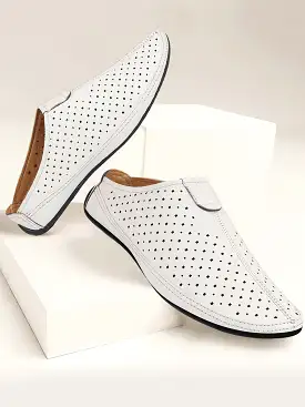 Men White Ethnic Wedding Party Back Open Slip On Juttis and Mojaris