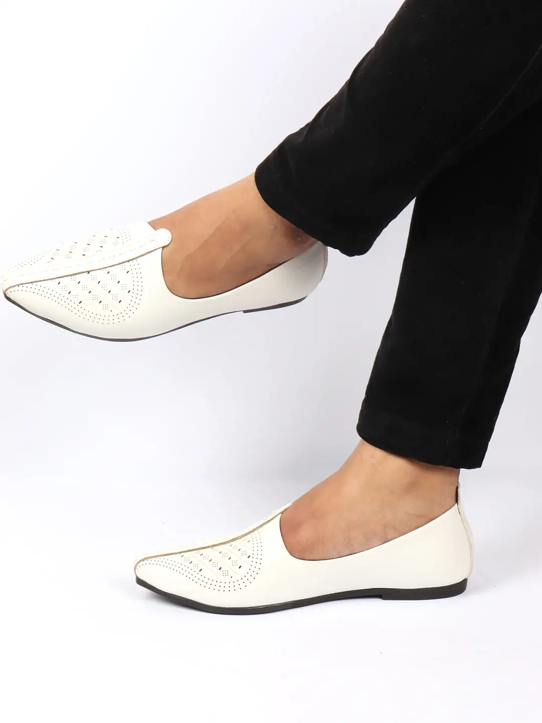 Men White Laser Cut Design Ethnic Slip On Wedding Juttis and Mojaris