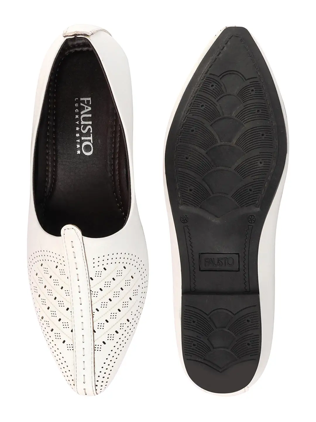 Men White Laser Cut Design Ethnic Slip On Wedding Juttis and Mojaris