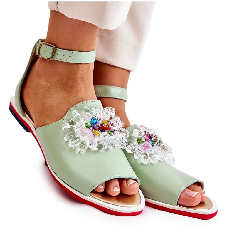 PA2 Women's Leather Sandals With Green Nevassa Decoration