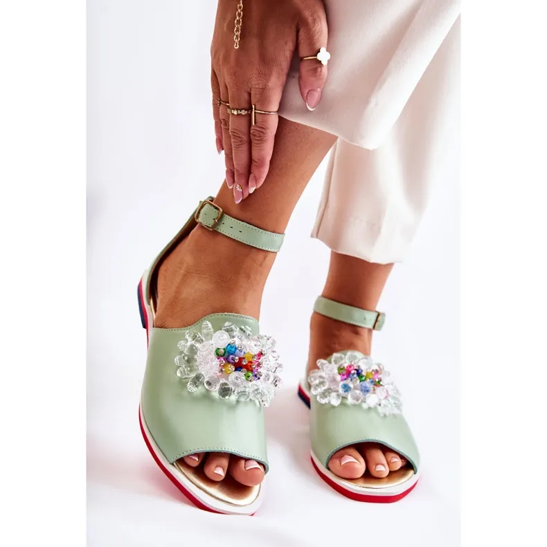 PA2 Women's Leather Sandals With Green Nevassa Decoration