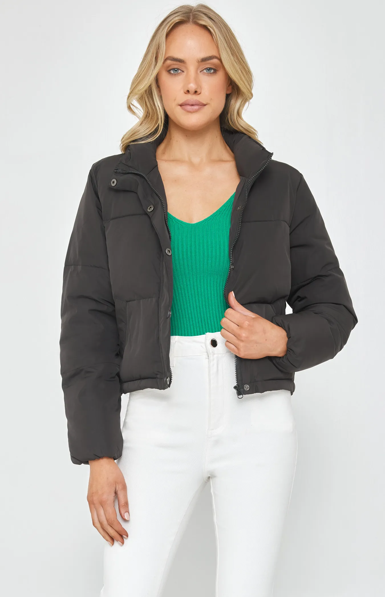 Puffer Jacket with Zip and Front Button Details (SJT359A)