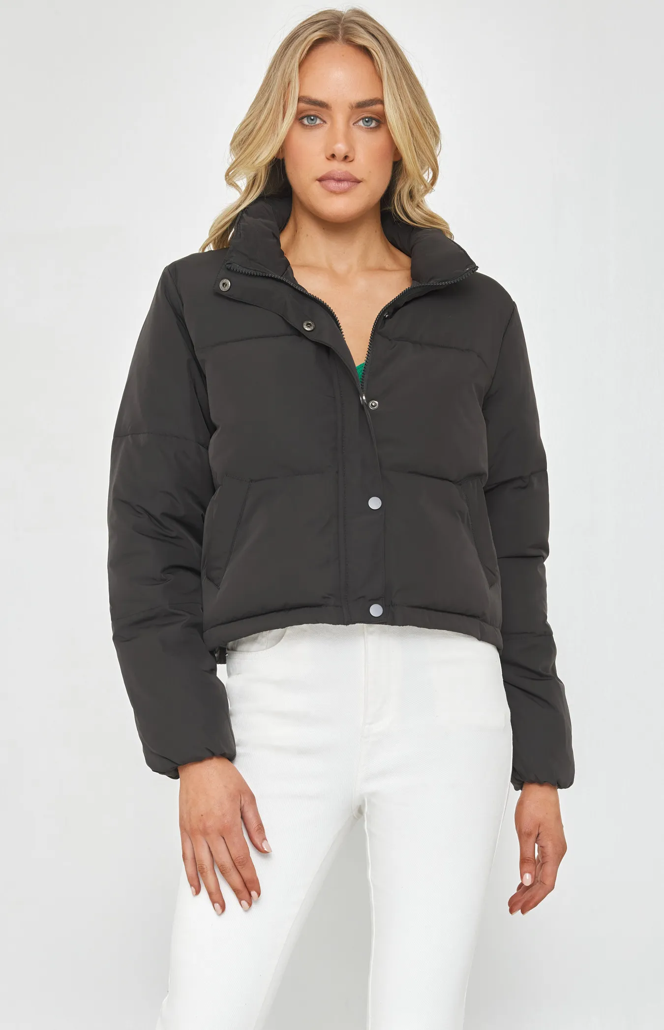 Puffer Jacket with Zip and Front Button Details (SJT359A)