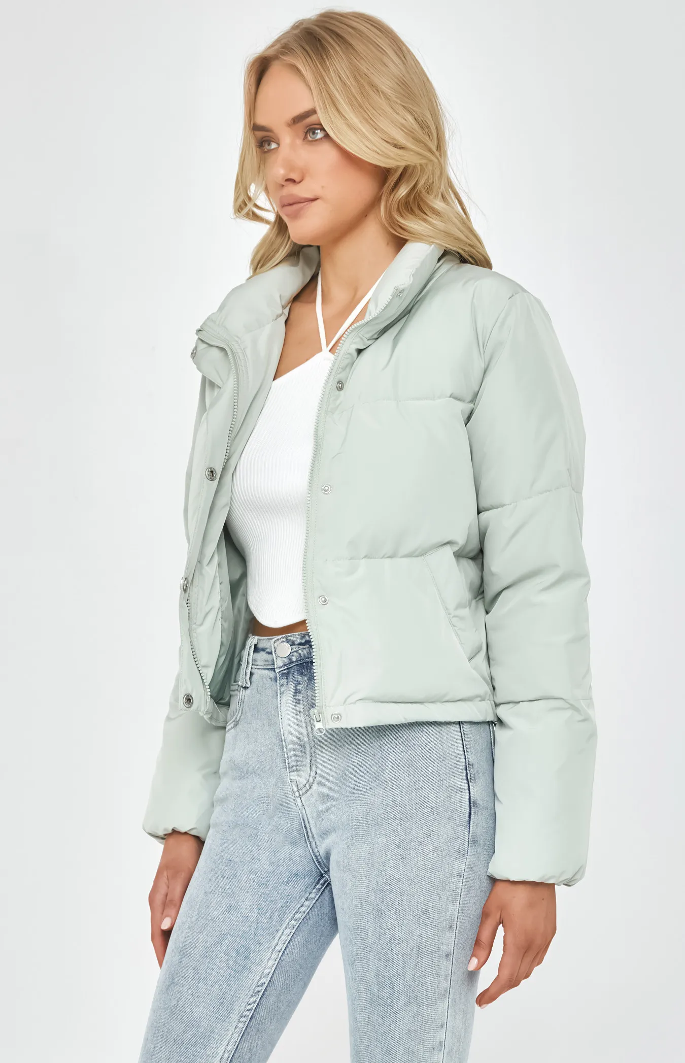 Puffer Jacket with Zip and Front Button Details (SJT359A)