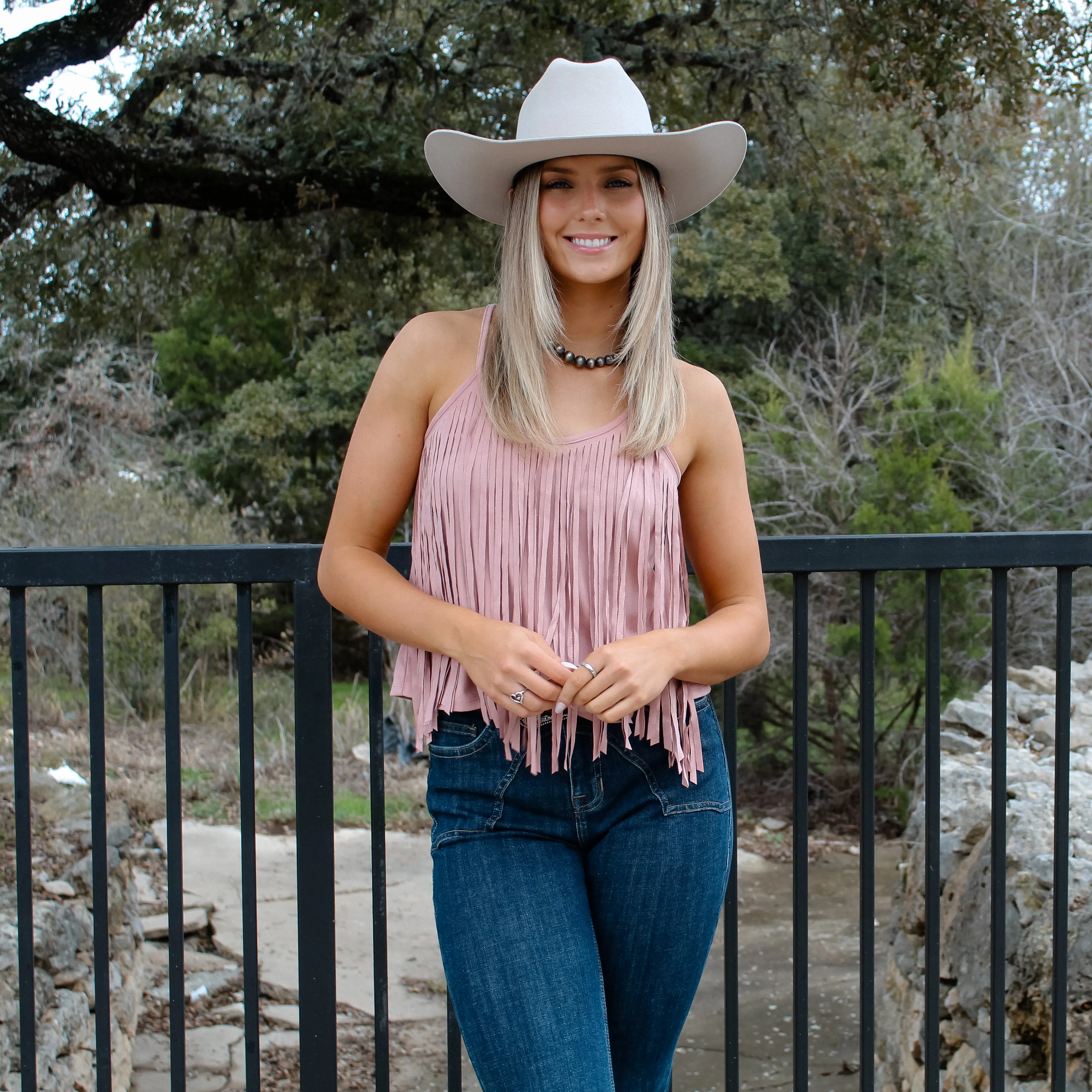 Rock&Roll Suede Fringe Tank Rose