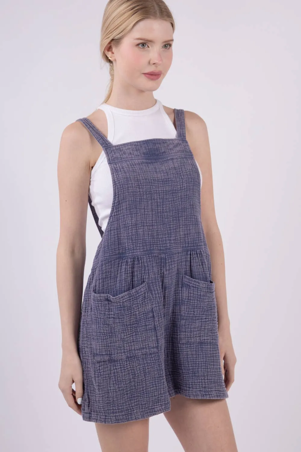 VERY J - NP70152-Sleeveless Double Gauze Overall Romper w/ Pockets: DENIM / S-M-L/2-2-2