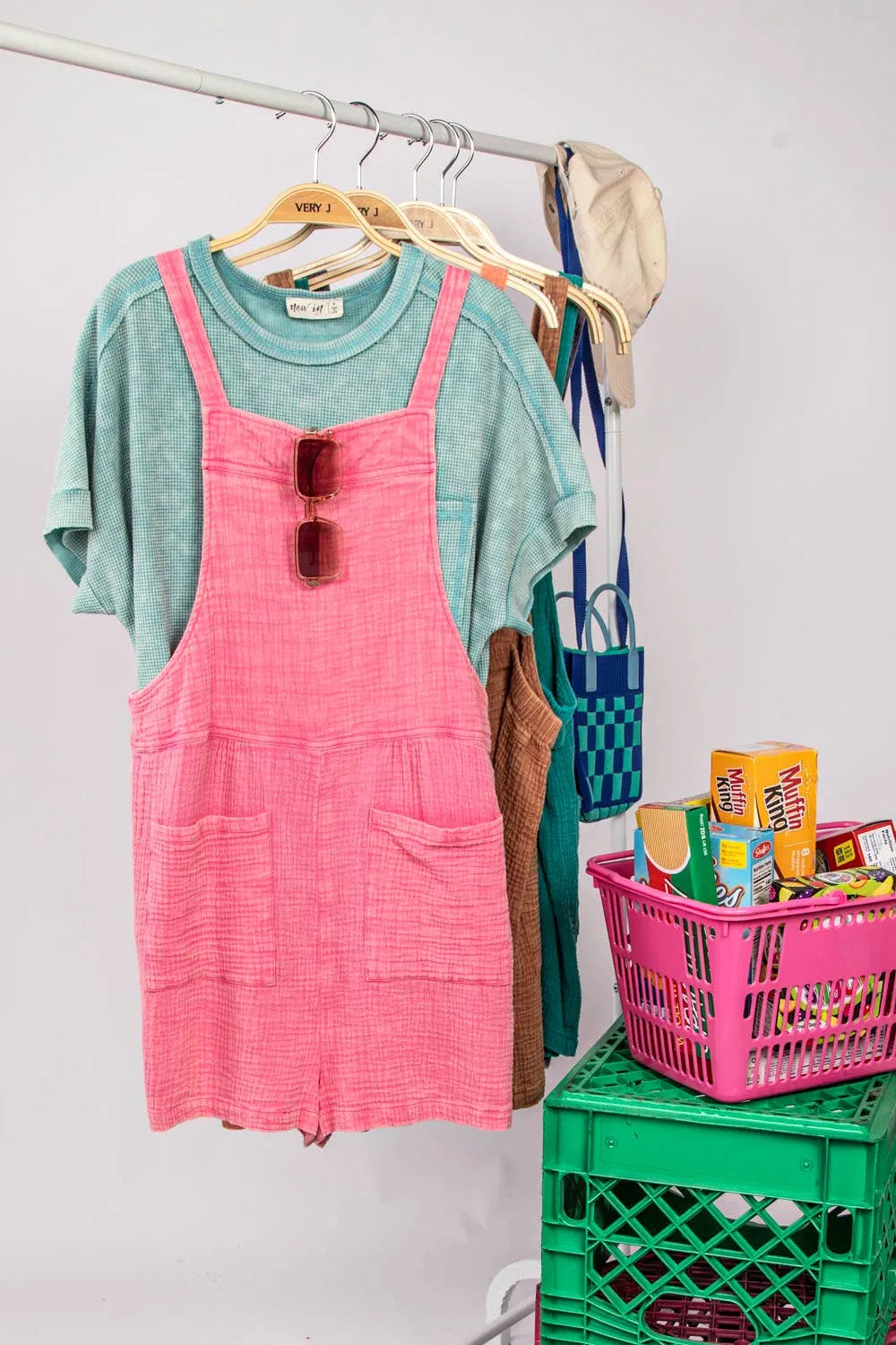 VERY J - NP70152-Sleeveless Double Gauze Overall Romper w/ Pockets: DENIM / S-M-L/2-2-2