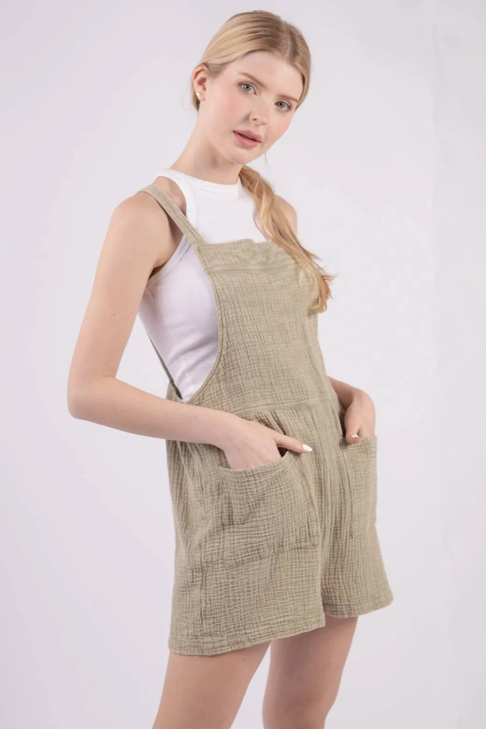 VERY J - NP70152-Sleeveless Double Gauze Overall Romper w/ Pockets: DENIM / S-M-L/2-2-2