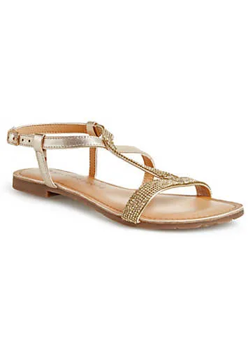 Wide Fitting Gold Diamante Leather Sandals by Kaleidoscope | Look Again